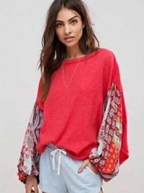 Free People Blosson Thermal Top Red Paisley Balloon Sleeves XS Oversized